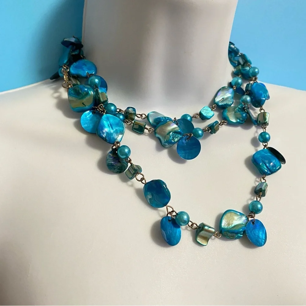 AVENUE Blue Natural Seashells Long Necklace Bohemian Style Oceancore Beachcore - Picture 5 of 9